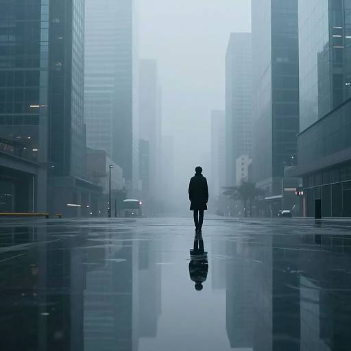 Silhouette of lone figure walking in foggy, reflective city street between tall skyscrapers; blue hues dominate, creating a mysterious, urban atmosphere.