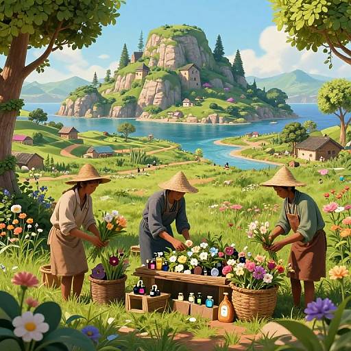 Three Asian farmers in conical hats arrange vibrant flowers at a market stand in a sunny, picturesque countryside with a mountain and lake in the background. Digital
