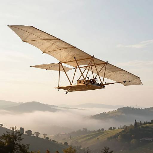 Vintage biplane with translucent wings soaring over mist-covered rolling hills at sunrise, casting a warm glow on the landscape.