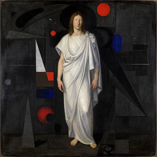 Painting of a solemn, brown-haired man in a white, draped robe, standing against a dark, abstract background with red, blue, and black