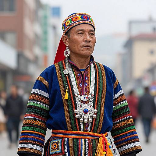 Photograph of an elderly Asian man in vibrant, traditional, colorful embroidered attire with intricate patterns, wearing a headpiece and large silver jewelry, standing in