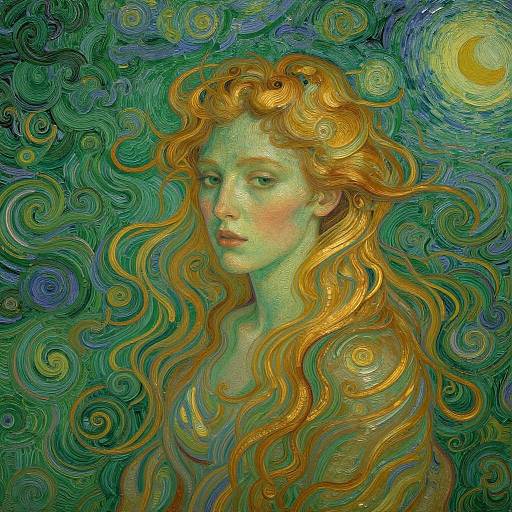 Digital artwork of a serene, green-skinned woman with flowing, wavy golden hair, set against a vibrant, swirling blue and green background with a