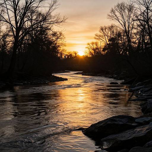 Photograph of a serene sunset over a silhouetted, leafless tree-lined river, with golden-orange sky reflecting on the calm water.