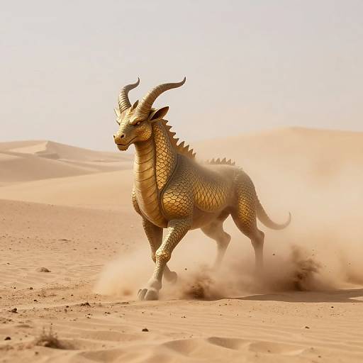 Photorealistic CGI of a golden-scaled dragon with curved horns running through a sunlit desert, kicking up sand with powerful strides.