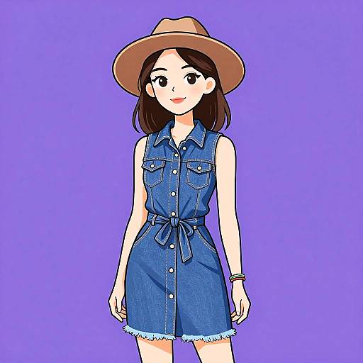 Casual Woman in Denim Dress and Hat
