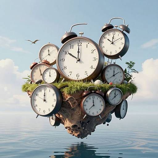 Photograph of multiple vintage alarm clocks with different times, floating on a grassy rock above calm water under a blue sky.