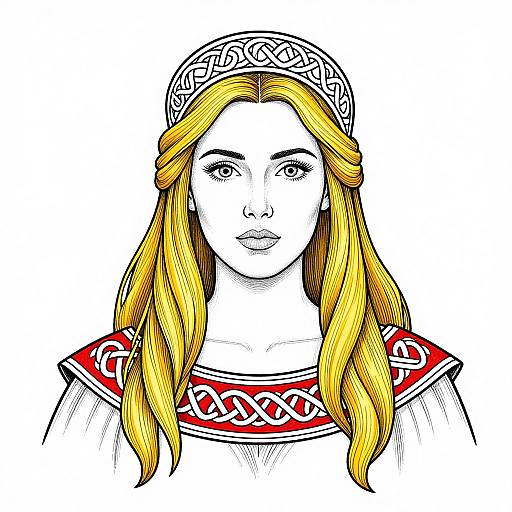 Digital drawing of a blonde woman with long hair, wearing a Celtic-inspired headband and red, white-trimmed dress, with a neutral expression.