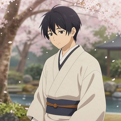 Anime-style digital illustration of a young man with black hair in a white kimono with dark blue and brown sash, standing under cherry blossom trees with