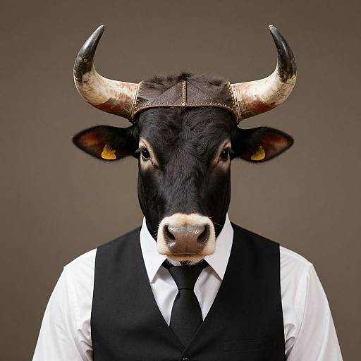 Photograph of a black bull with large, curved horns adorned with gold bands, wearing a white shirt, black vest, and black tie, against a
