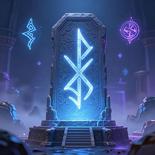 CGI image of a glowing blue, ancient stone throne with intricate patterns and a large, neon symbol, surrounded by floating, ethereal runes in a