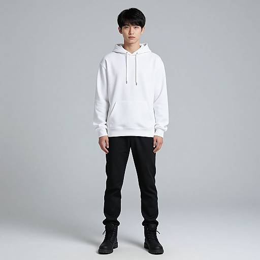 Photograph of a young Asian man with short black hair, wearing a white hoodie, black pants, and black boots, standing against a plain light gray
