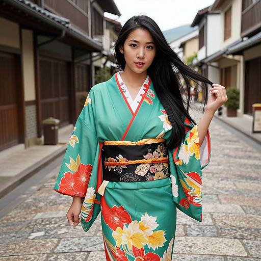 Photograph of an Asian woman in a vibrant green floral kimono with red and orange flowers, black obi, and long black hair, standing on