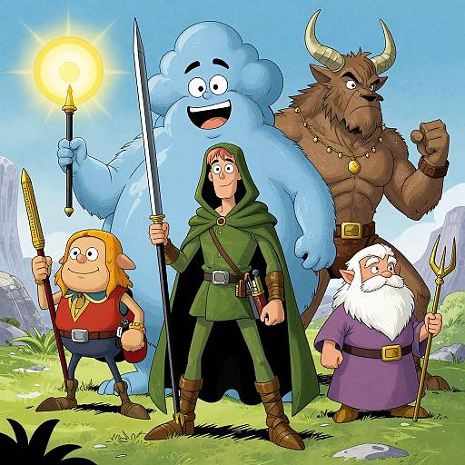 Cartoon fantasy group: brave knight, orange-haired elf, blue cloud creature, muscular minotaur, and white-bearded wizard with tridents and