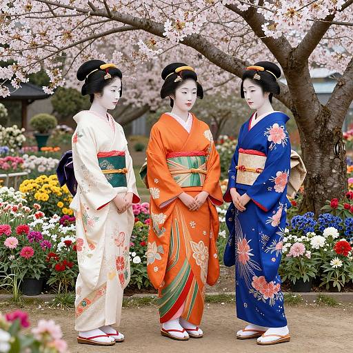 Three Japanese women in colorful kimonos stand under cherry blossoms, holding hands, surrounded by vibrant flowerbeds. Photograph.