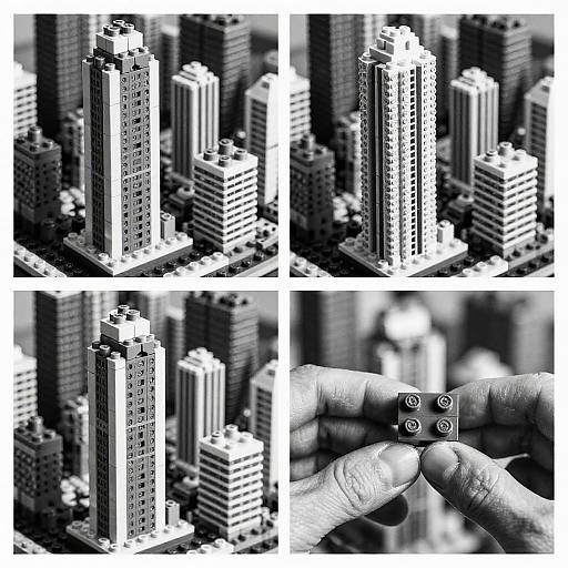 Photograph collage of LEGO cityscape with detailed high-rise buildings, close-up of hand inserting LEGO pieces, monochrome, high contrast.