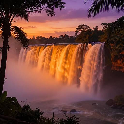 Photograph of a vibrant waterfall at sunset, with golden water cascading over dark rocks, surrounded by silhouetted palm trees and lush greenery
