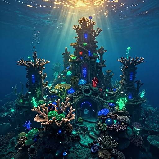 Vibrant underwater scene with a glowing, bioluminescent coral castle illuminated by sunlight rays, surrounded by colorful corals and marine life.