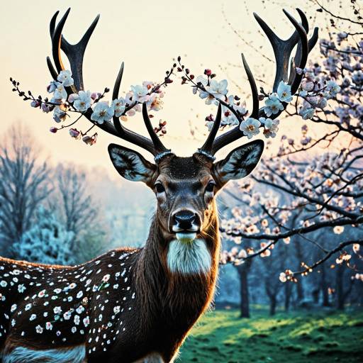 Majestic Deer with Blossom Antlers at Dawn