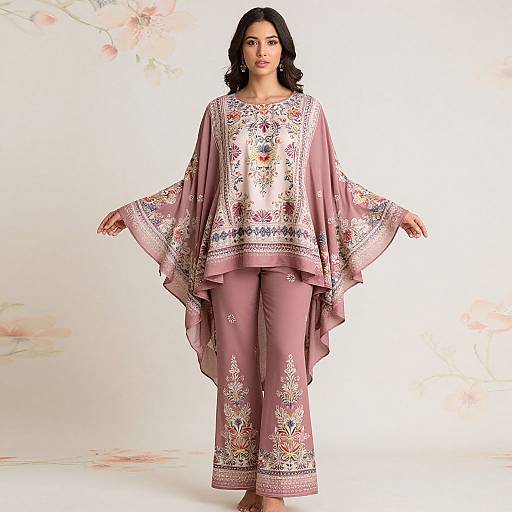 Photograph of a woman with dark hair wearing a pink, long-sleeved, embroidered traditional outfit with wide, flowing sleeves and matching pants, standing