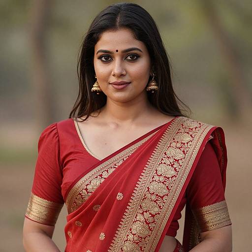 Photograph of an Indian woman with long black hair, brown eyes, wearing a red saree with gold embroidery, gold earrings, and a bindi