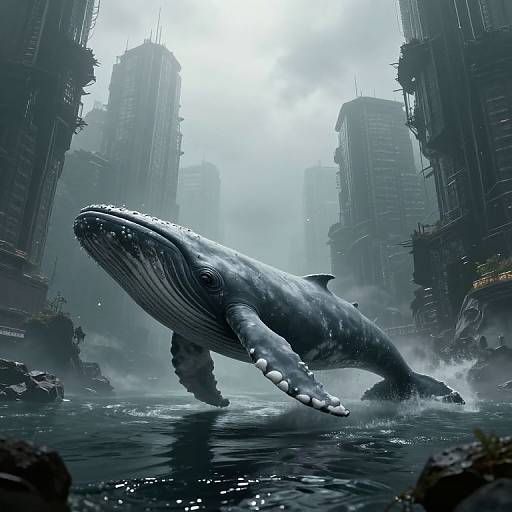 CGI image: A massive, detailed humpback whale emerges from a foggy, futuristic cityscape's flooded street, surrounded by towering, dark