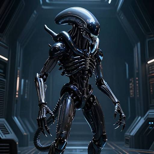 Photorealistic CGI of a sleek, black, bioluminescent Xenomorph in a futuristic, dark blue-lit corridor. The alien's