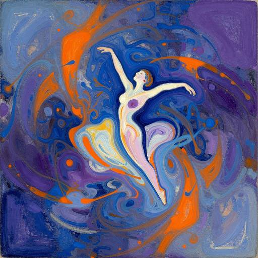 Abstract digital painting of a white, glowing, nude female figure with outstretched arms, surrounded by swirling blue, purple, and orange patterns.