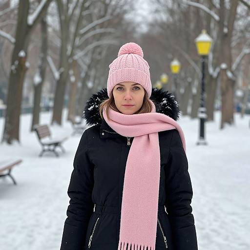 Photograph of a young woman with light skin and brown hair, wearing a pink knit beanie, pink scarf, and black coat, standing in a