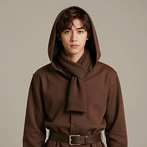 Photograph of a young Asian man with fair skin, wearing a brown hooded coat, scarf, and belt, against a plain gray background.
