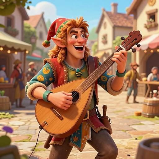 Cheerful, red-haired elf with pointed ears, wearing a festive hat and colorful outfit, joyfully plays a lute in a vibrant, sun