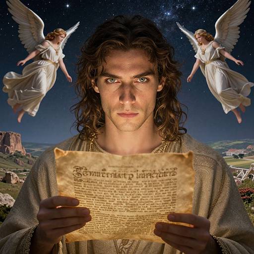 Photograph of a young man with long brown hair holding an ancient scroll, surrounded by two white-winged angels against a starry night sky and a
