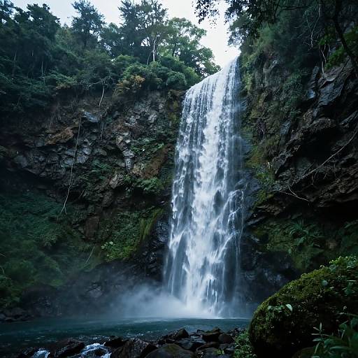 Photograph of a tall, cascading waterfall in a lush, dense forest, surrounded by dark, rocky cliffs and mist at the base.