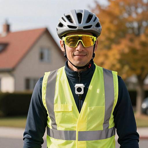 Smiling Cyclist in Autumn Suburb