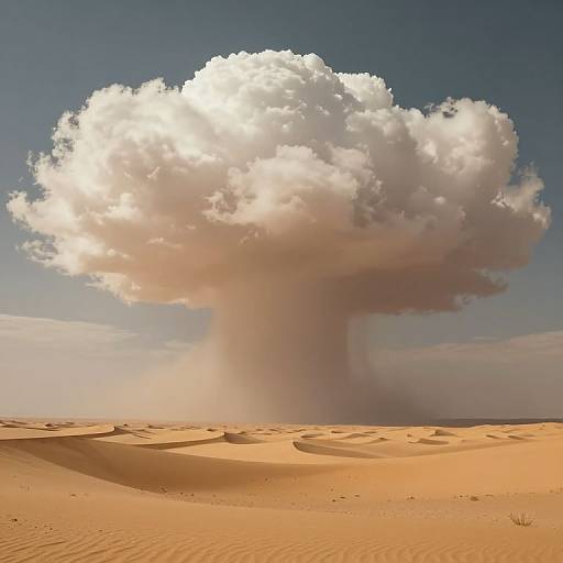 Photorealistic CGI of a massive, white cumulus cloud over a desert with golden sand dunes under a clear blue sky.