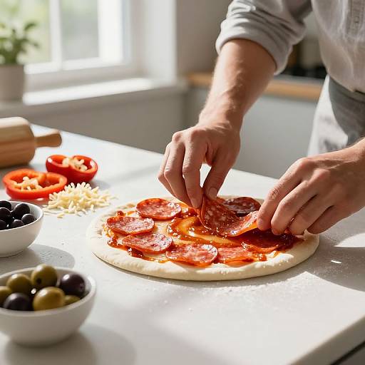 Assembling a Fresh Pepperoni Pizza