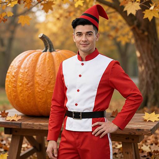 Photograph of a smiling man in red and white Halloween costume with black belt, red hat, standing in autumn forest, large pumpkin on wooden table behind
