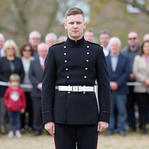 Photograph of a young, fair-skinned man in a black military-style uniform with white buttons and belt, standing in front of a blurred crowd outdoors
