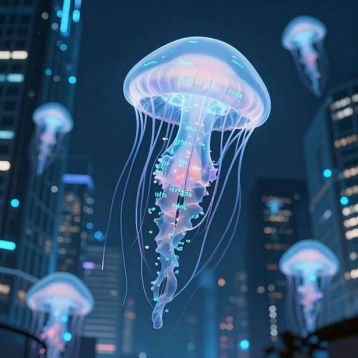 Photorealistic CGI: Glowing blue jellyfish with translucent bell and trailing tentacles float in a futuristic urban night skyline with illuminated skyscrapers.