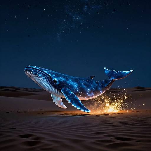 Digital artwork of a glowing blue whale, adorned with star-like patterns, leaping out of a sandy desert at night, creating a bright, fiery trail