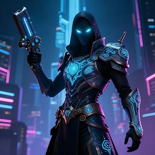 Glowing blue-eyed hooded figure in futuristic neon armor, holding a cyber-gun, standing in a vibrant, neon-lit cityscape. Digital