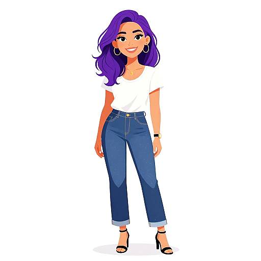 Digital illustration of a smiling woman with purple hair, wearing a white t-shirt, blue high-waisted jeans, black heels, and hoop earrings.