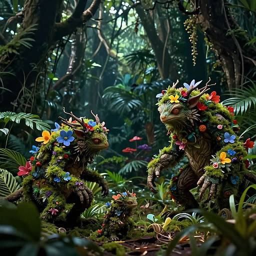 Digital fantasy illustration of two green, furry, flower-crowned creatures with cat-like faces in a vibrant, lush jungle, surrounded by colorful flowers and dense