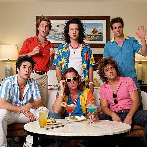 Photograph of six young men in colorful, retro outfits, sitting and standing in a bright, modern living room with tropical art, lamps, and a