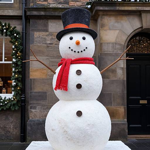 Photograph of a cheerful snowman with black top hat, red scarf, black buttons, stick arms, and orange carrot nose, in front of a