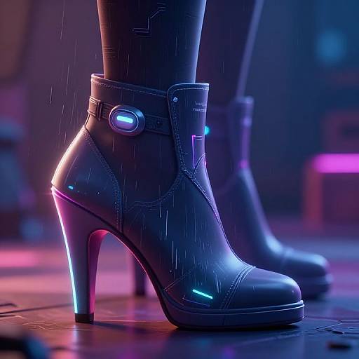CGI digital artwork of futuristic, glowing high-heeled boots with neon lights, raindrops, and a dark, neon-lit background.