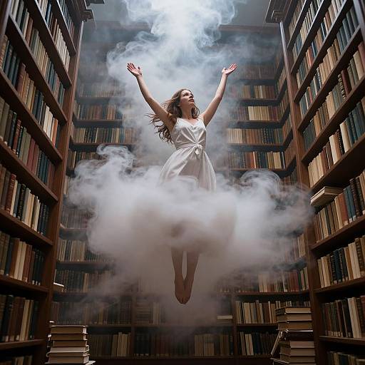 Photograph of a woman in a white dress floating amidst smoke between towering bookshelves, arms raised, surrounded by books.