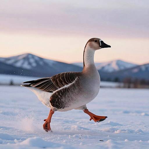 Goose Gliding Across Snowy Sunrise