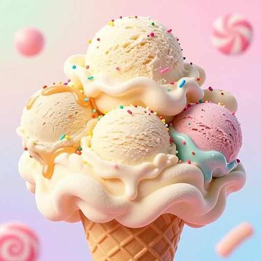 Photorealistic digital image of a triple-scoop ice cream cone with white, pink, and mint flavors, topped with colorful sprinkles, against a