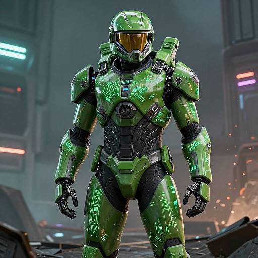 CGI image of a green, futuristic, armored soldier with a yellow visor standing in a dimly lit, sci-fi spaceship interior.