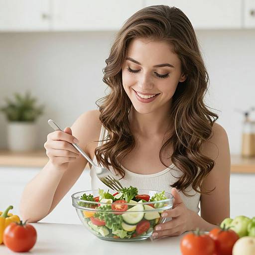 Photograph of a smiling, long-haired brunette woman in a white tank top, eating a colorful salad with fresh vegetables in a bright, modern kitchen.